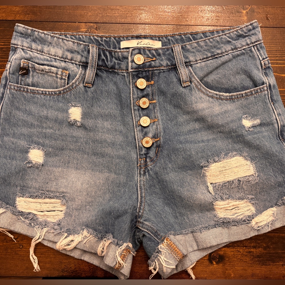 KanCan Light Blue Distressed High-Rise Denim Shorts